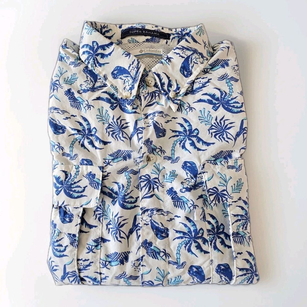 Columbia PFG Super Bahama Shirt Mens Fishing Blue White Size XL Vented SS